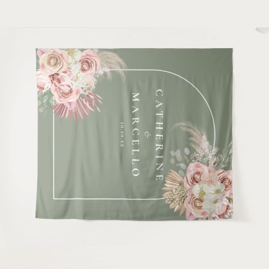 Sage Green Boho Pampas Grass Floral Hochzeit Wandteppich (Vorderseite (Horizontal))