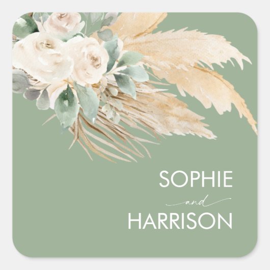 Sage Green Boho Pampas Grass Quadratischer Aufkleber (Vorderseite)