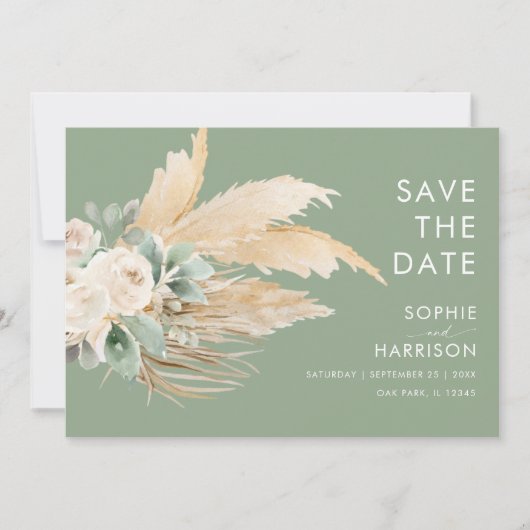 Sage Green Boho Pampas Grass Save the Date Einladung (Vorderseite)