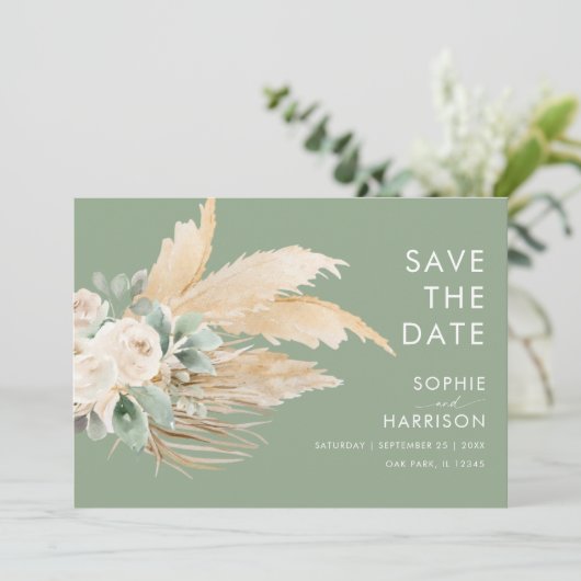 Sage Green Boho Pampas Grass Save the Date Einladung (Stehend Vorderseite)