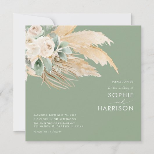 Sage Green Boho Pampas Grass Square Hochzeit Einladung (Vorderseite)