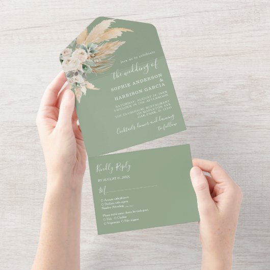 Sage Green Boho Pampas Grass Wedding All In One Einladung (Abreißen)