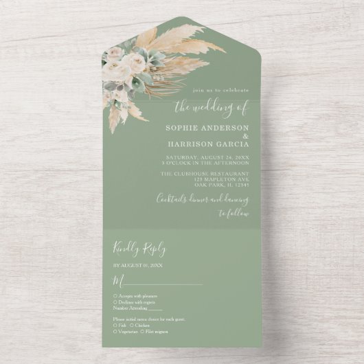 Sage Green Boho Pampas Grass Wedding All In One Einladung (Innen Boden)