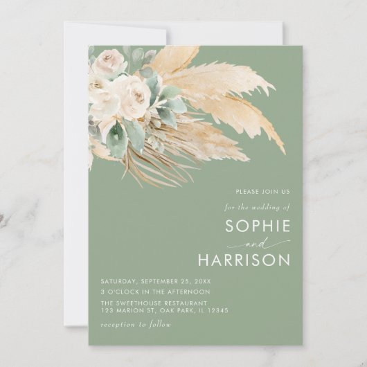 Sage Green Boho Pampas Grass Wedding Einladung (Vorderseite)