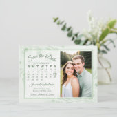 Sage Green Boho Peonies Calendar & Photo Wedding Save The Date (Stehend Vorderseite)