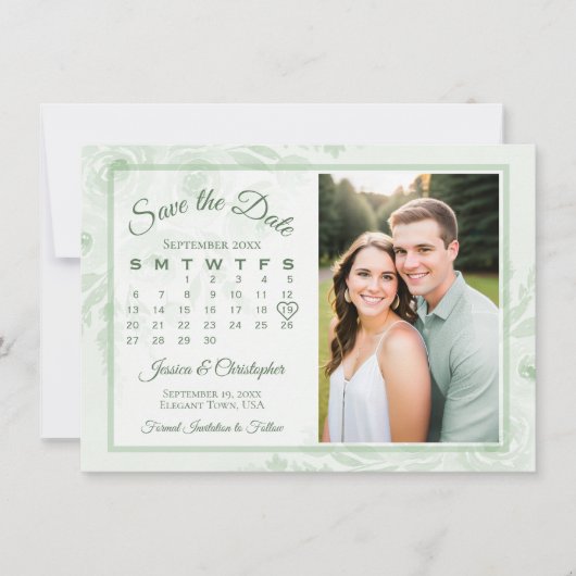 Sage Green Boho Peonies Calendar & Photo Wedding Save The Date (Vorderseite)