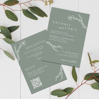 Sage Green Boho Simple Floral Botanic QR Code Einladung