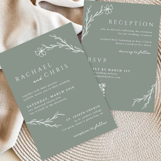 Sage Green Boho Simple Floral Botanic QR Code Einladung