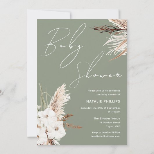 Sage Green Boho White Floral Moderne Babydusche Einladung (Vorderseite)