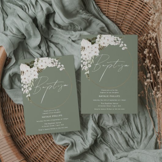Sage Green Boho White Wreath Boy oder Girl Baptiss Einladung