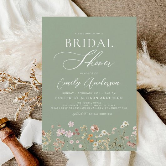 Sage Green Boho Wildblume Brautparty Script Einladung