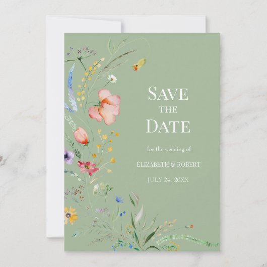 Sage Green Boho Wildblume Save the Date Karte (Vorderseite)