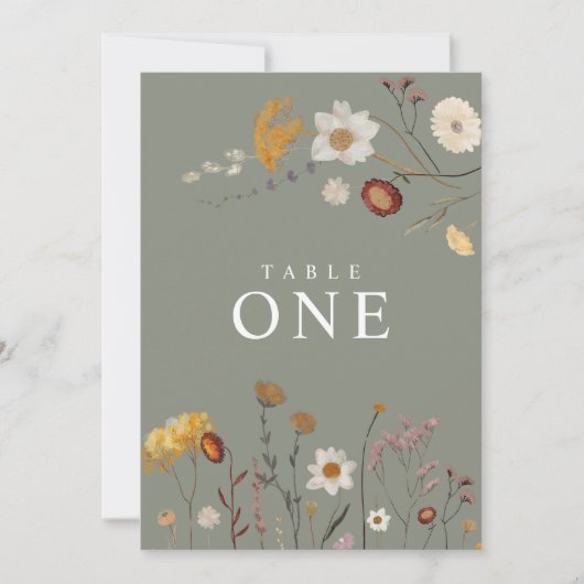 Sage Green Boho Wildblume Tischnummer Cards (Vorderseite)