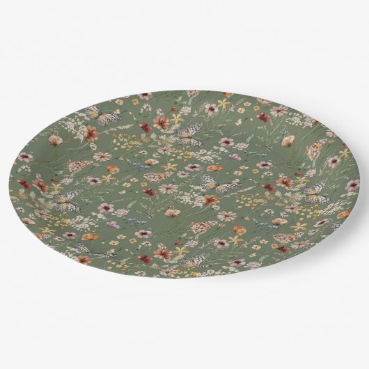 Sage Green Boho Wildblumen Pappteller (Schrägansicht)
