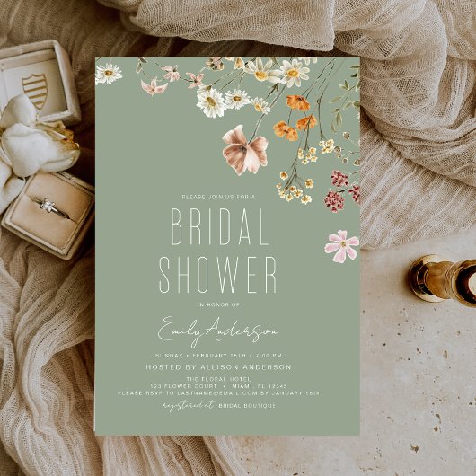 Sage Green Boho Wildflower Bridal Shower Elegant Einladung