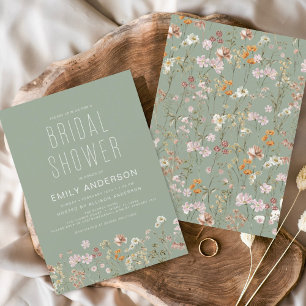 Sage Green Boho Wildflower Bridal Shower Elegant Einladung