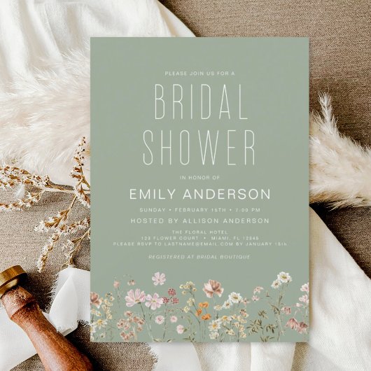 Sage Green Boho Wildflower Bridal Shower Elegant Einladung