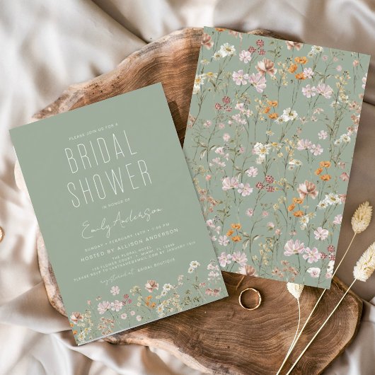 Sage Green Boho Wildflower Bridal Shower Elegant Einladung