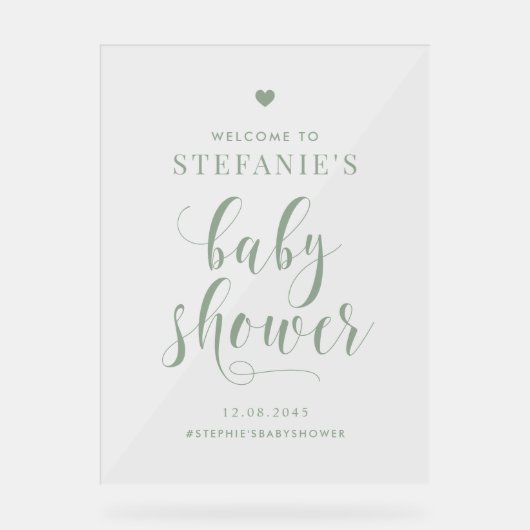 Sage Green Bold Script Baby Dusche Willkommen Acrylschild (Vorderseite)
