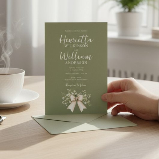 Sage Green Botanical Bow All-in-One Wedding Invita Einladung