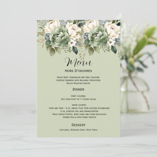 Sage Green Botanical Floral Wedding | Menu Einladung (Stehend Vorderseite)
