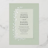 Sage Green Botanical Floral Wedding Silver Folieneinladung (Vorderseite)