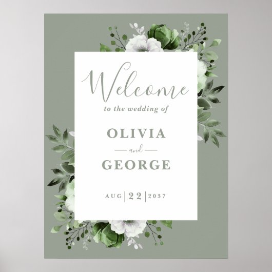 Sage Green Botanical Floral Wedding Willkommenszei Poster (Vorne)
