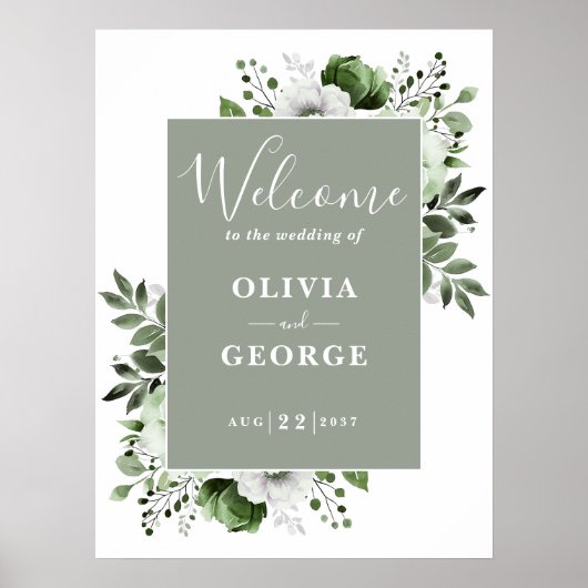 Sage Green Botanical Floral Wedding Willkommenszei Poster (Vorne)