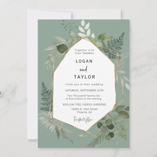 Sage Green Botanical Greenerenerity Gold Frame QR Einladung (Vorderseite)