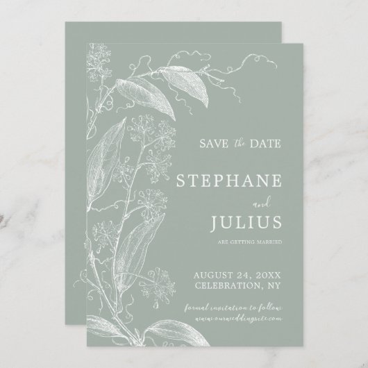 Sage Green Botanical Save the Date Einladung (Vorne/Hinten)