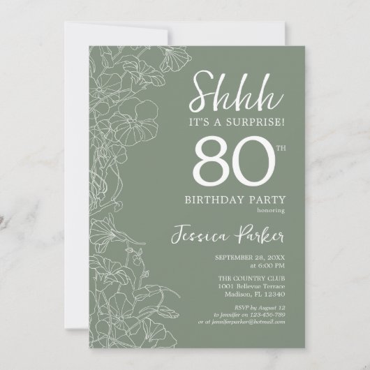 Sage Green Botanical Überraschung 80. Geburtstag Einladung (Vorderseite)