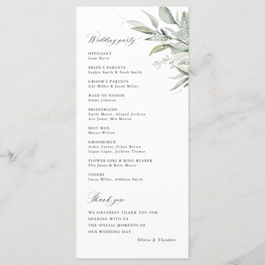 Sage Green Botanical Watercolor Wedding Ceremony Programm (Rückseite)