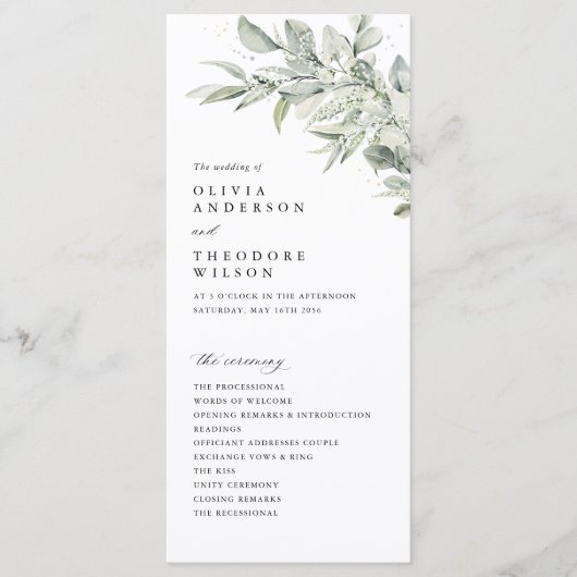 Sage Green Botanical Watercolor Wedding Ceremony Programm (Vorderseite)
