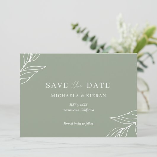 Sage Green Botanical Wedding Foto Save The Date (Stehend Vorderseite)