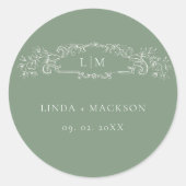 Sage Green botanisches Wappen Monogramm Hochzeit Runder Aufkleber (Vorderseite)