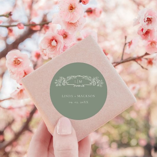 Sage Green botanisches Wappen Monogramm Hochzeit Runder Aufkleber