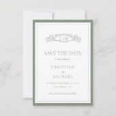 Sage Green botanisches Wappen Monogramm Hochzeit Save The Date (Vorderseite)