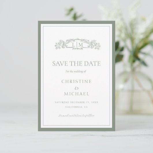 Sage Green botanisches Wappen Monogramm Hochzeit Save The Date (Stehend Vorderseite)
