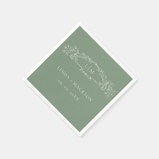 Sage Green botanisches Wappen Monogramm Hochzeit Serviette (Ecke)