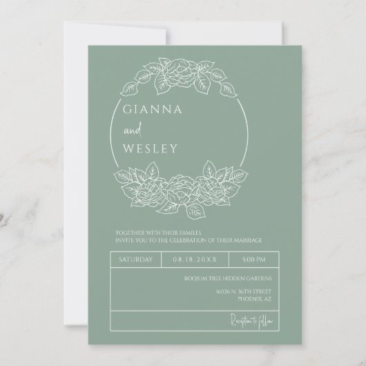 Sage Green Botanline Art Boho QR Code Foto Einladung (Vorderseite)