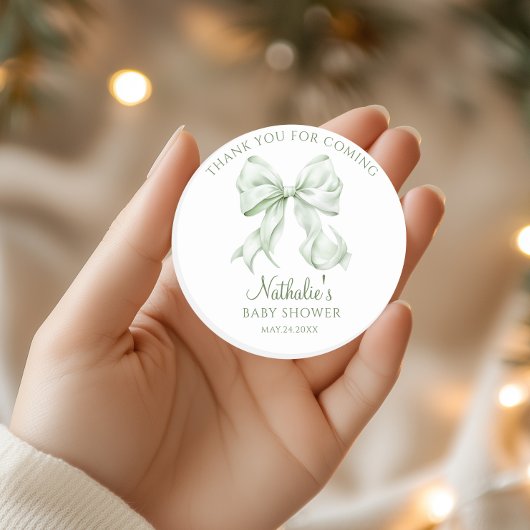 Sage Green Bow Baby Dusche Vielen Dank für Ihr Kom Runder Aufkleber