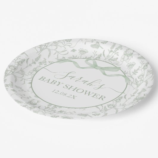 Sage Green Bow Baby Shower Boy Pappteller (Schrägansicht)