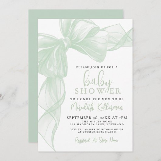 Sage Green Bow Baby Shower Einladung (Vorne/Hinten)