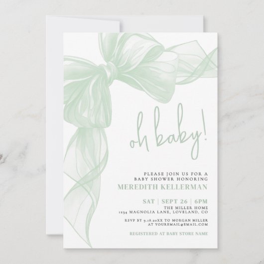 Sage Green Bow Baby Shower Einladung (Vorderseite)