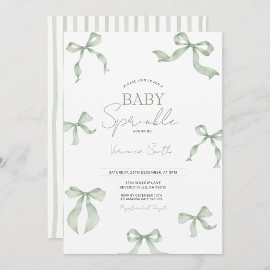 Sage Green Bow Baby Sprinkle Invitation Einladung (Vorne/Hinten)