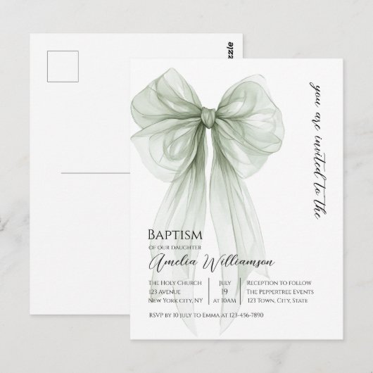 Sage Green Bow Baptisse Postkarte (Vorne/Hinten)