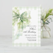 Sage Green Bow Birthday Einladung (Stehend Vorderseite)