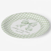Sage Green Bow Gingham Baby Dusche Pappteller (Schrägansicht)