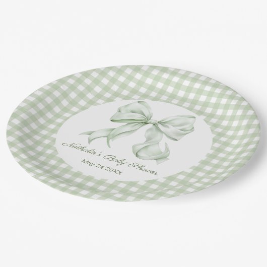 Sage Green Bow Gingham Baby Dusche Pappteller (Schrägansicht)