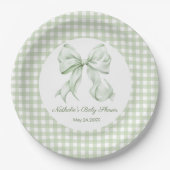 Sage Green Bow Gingham Baby Dusche Pappteller (Vorderseite)